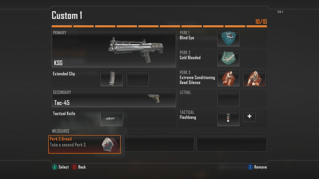 Short Range Primary Weapon > Vektor K10 (SMG) OR KSG (Shotgun) Primary Attachment > Extended Clip Secondary Weapon > Your Choice! Secondary Attachment > None. Lethal > Grenade OR Semtex Tactical > Flashbang  Perk 1 > Lightweight Perk 2 > Toughness Perk 3 > Dead Silence + Extreme Conditioning Wildcard > Perk 3 Greed  Note 1: The shotgun/SMG listed are my favorites, but any one will do!  Note 2: This set up is perfect for sprinting through various areas to get in close and then unleasing the SMG/shotgun on enemy players. The grenades and flashbangs will help you out if you get in a tight spot, whilst the perks ensure you move silently, run for longer and can take a hit or two without flinching.  Short-Mid Range Primary Weapon > MSMC Primary Attachment > Long Barrel + Target Finder Secondary Weapon > Your Choice! Secondary Attachment > Your Choice! Lethal > Grenade OR Semtex Tactical > Flashbang  Perk 1 > Lightweight Perk 2 > Toughness Perk 3 > Extreme Conditioning Wildcard > None!  Note 1: The SMG listed is my favorite, but any one will do!  Note 2: This set up will give the SMG a slightly longer range, making it effective both up close and at a medium distance as well. he grenades and flashbangs will help you out if you get in a tight spot, whilst the perks ensure you move silently, run for longer and can take a hit or two without flinching.