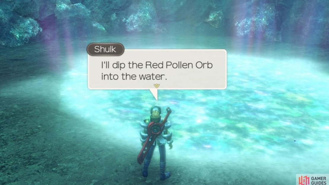 Press ‘A’ to dip the Red Pollen Orb into the Shining Pond.