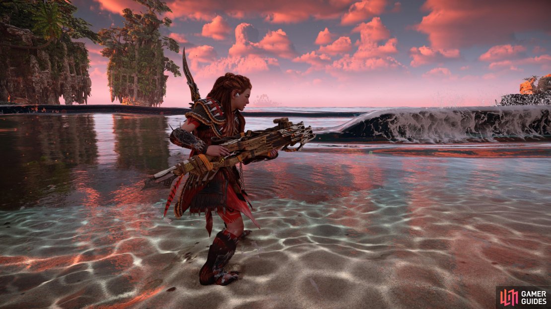 Aloy tries out her new Hammerburst Boltblaster.
