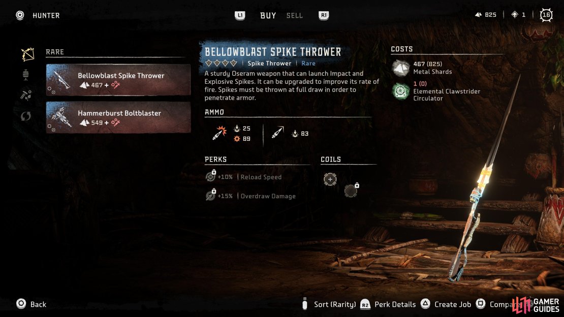This is the weapons page for the Bellowblast Spike Thrower.