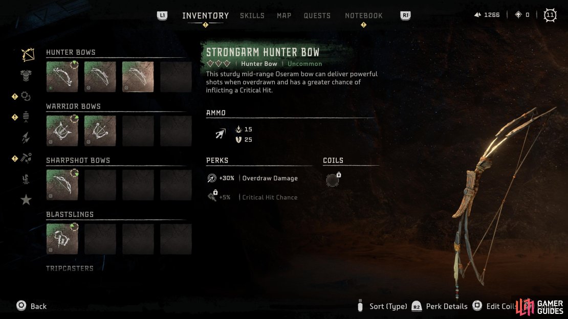 The Strongarm Hunter Bow has two perks, one is unlocke at Rank 1, and the second at Rank 2 upgrade.