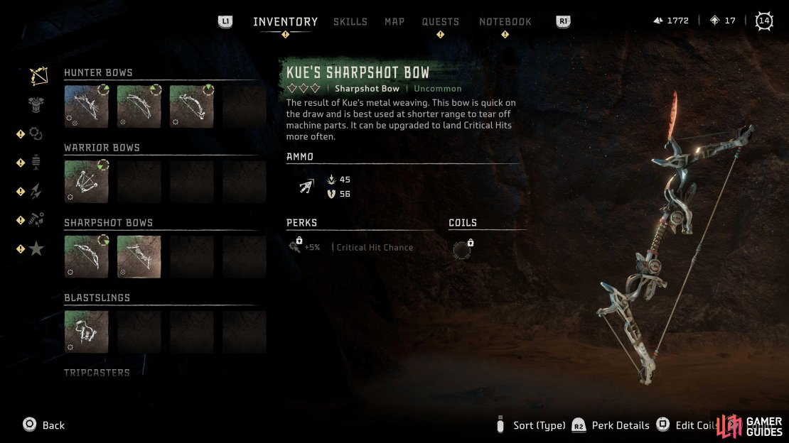 You&rsquo;ll obtain Kue&rsquo;s Sharpshot Bow for completing the side quest &ldquo;The Roots That Bind&rdquo;.
