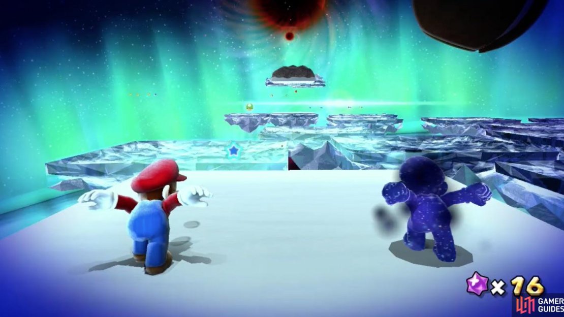 Mario and Cosmic Mario at the winter games.