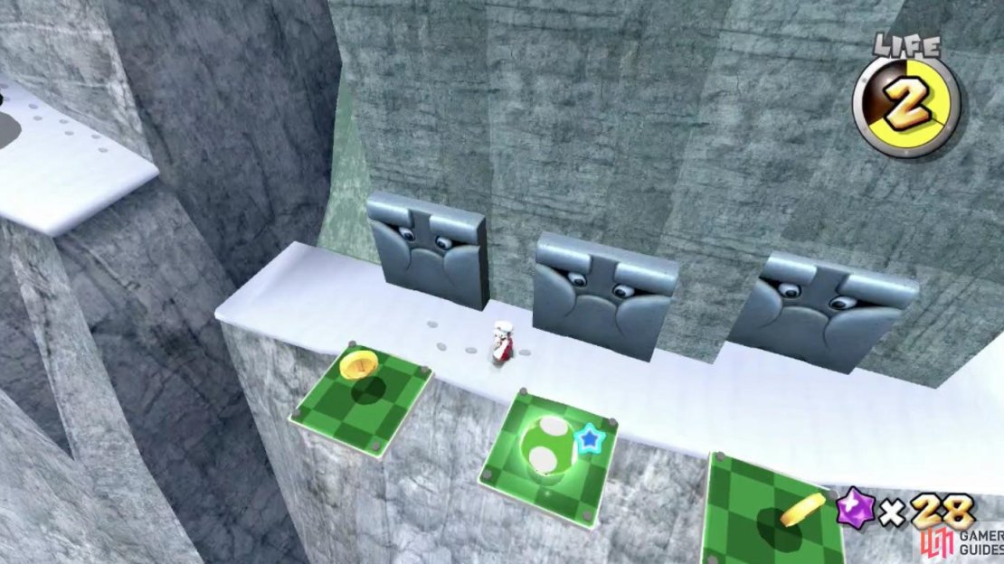 The gaps between each Bomp will keep you safe from being pushed off. The green tiles will also begin to shrink as soon as you land on them!