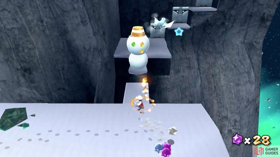 Use Fire Mario’s fireballs to get rid of the snowmen.