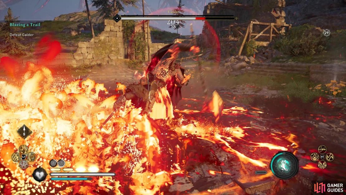 Calder will create a huge lava pool and you’ll want to either use Power of Muspelheim or avoid the lava.