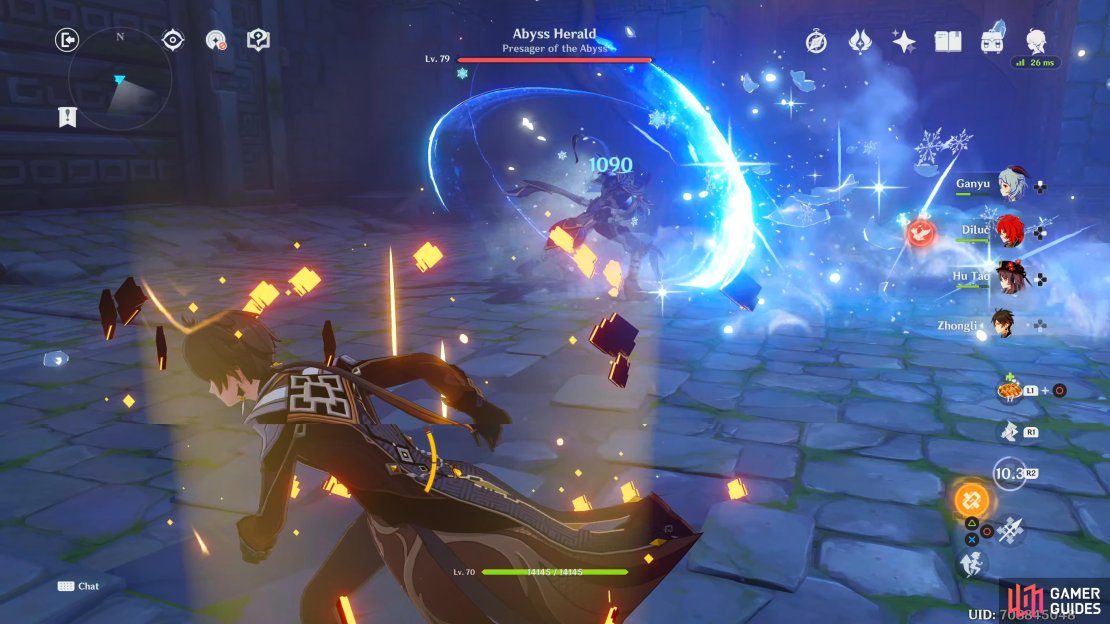 The Abyss Herald will perform three quick slashes towards you whilst its swords are imbued with Hydro