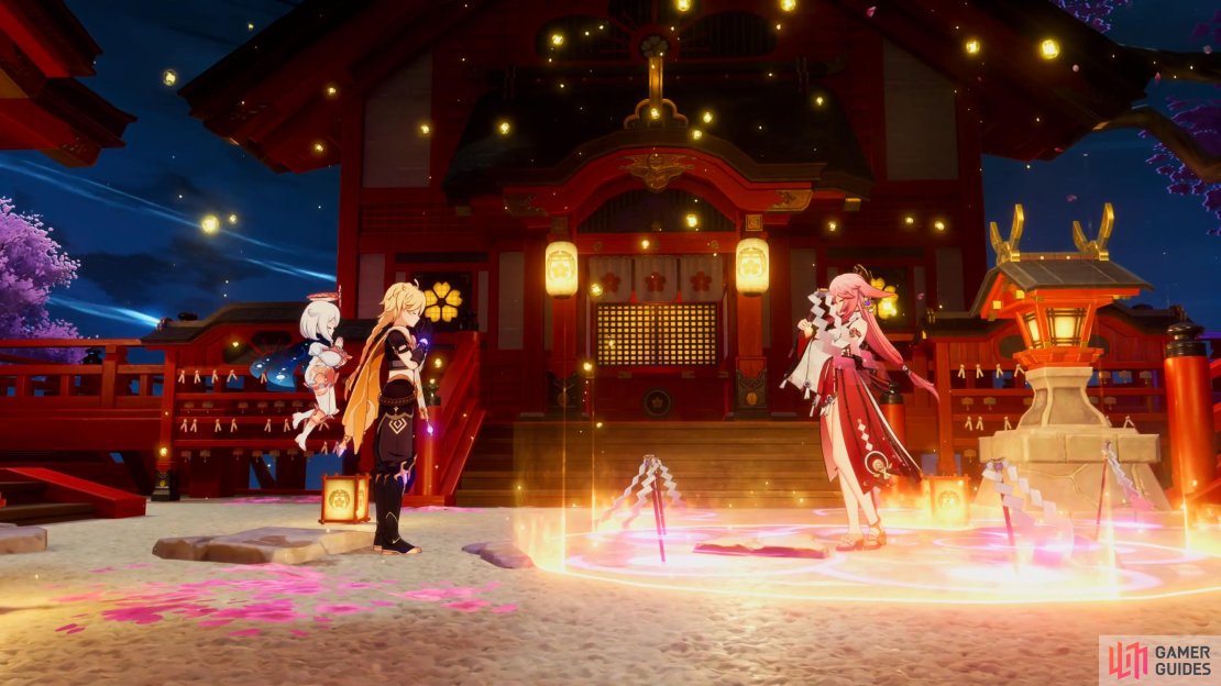 The Traveler, Paimon, and Yae Miko performing the &ldquo;Moonless Night&rdquo; ritual.
