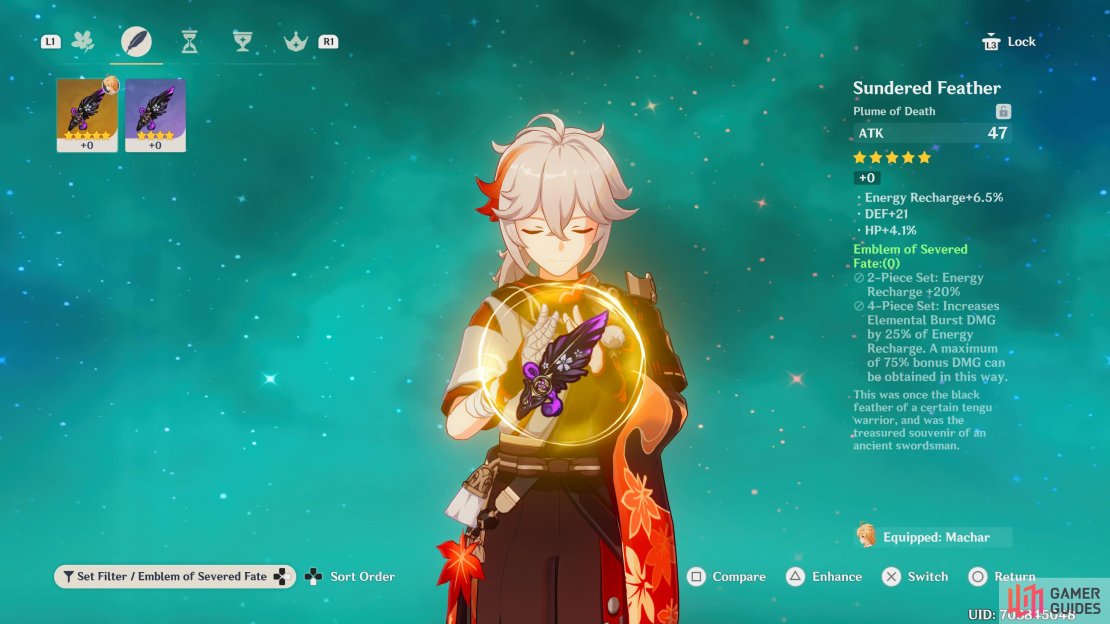 Kazuha’s Artifact screen showing off the plume from the Emblem of the Severed Fate set.