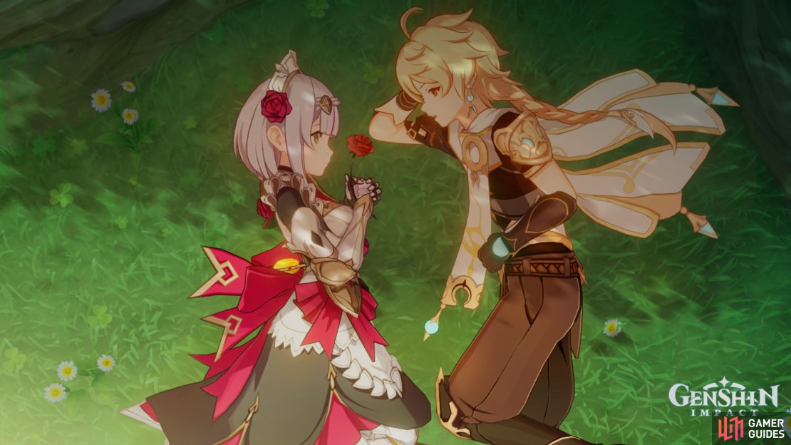 Noelle and the Traveler laying down, gazing into each other&rsquo;s eyes.