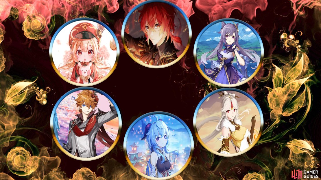 A smokey flower background with icons for Diluc, Klee, Keqing, Ganyu, Childe, Ningguang