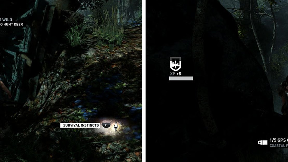 The overturned truck near the bunker contains a document (left), while the walkway across the stream has a GPS Cache at its end (right).