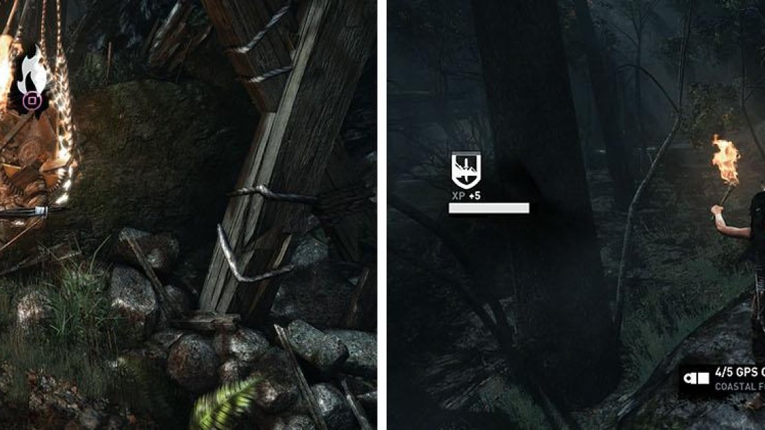 Burn the netting to release the salvage (left). The small path near the stairs leads to a landing with a GPS Cache (right).