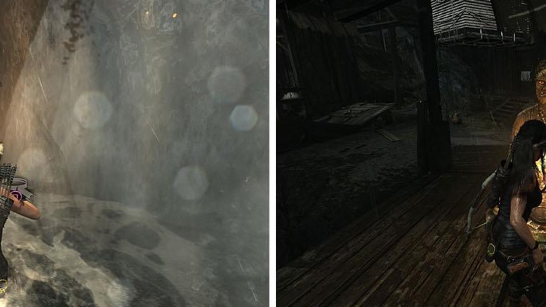 Check the waterfall for a GPS Cache (left) and then light the statue at the village center to start a challenge (right).