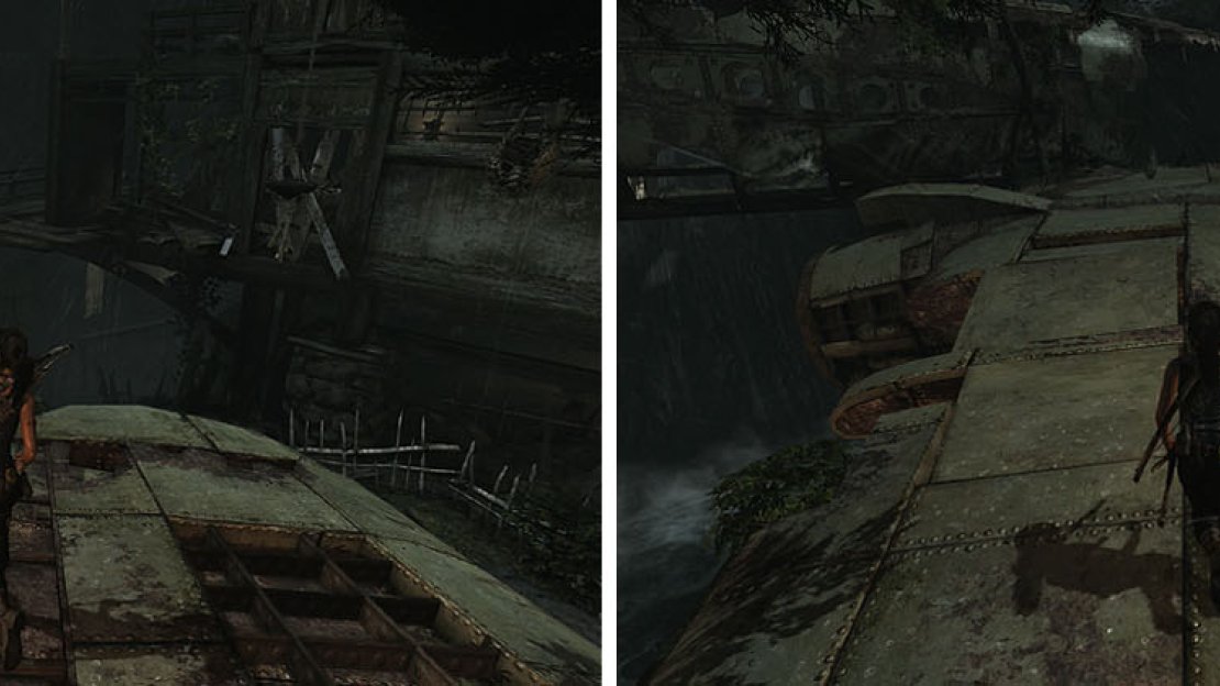 The salvage near the wing tip is easy to find (left), but the other salvage is extremely well-hidden near the burning tree (right).