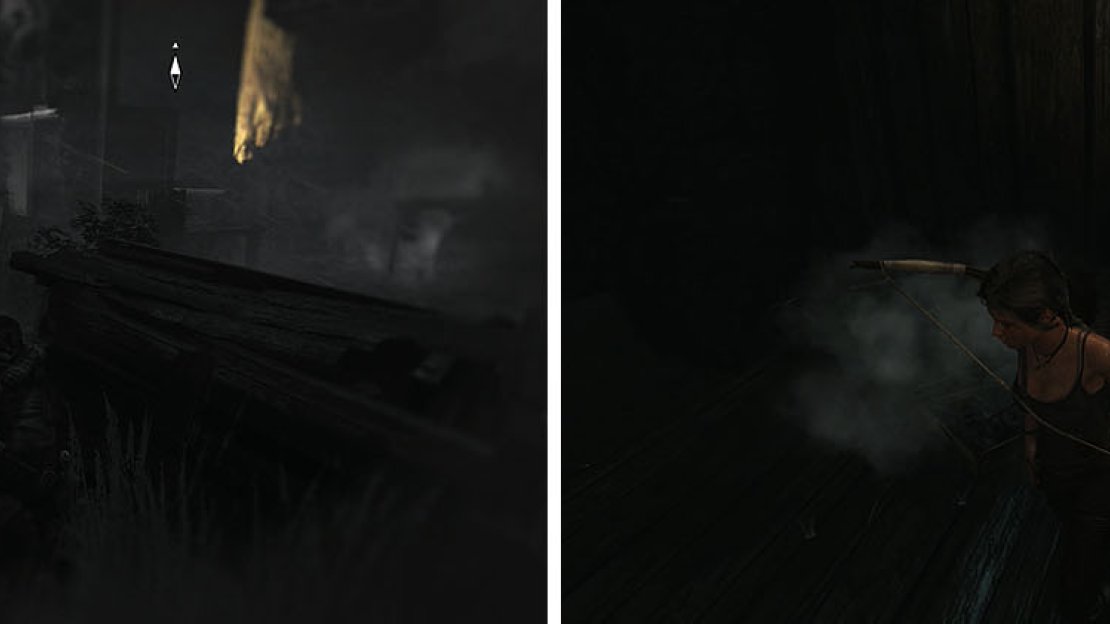 Wait for the enemies to finish their conversation to easily kill them (left). You can then pick up the collectibles in each house (right).