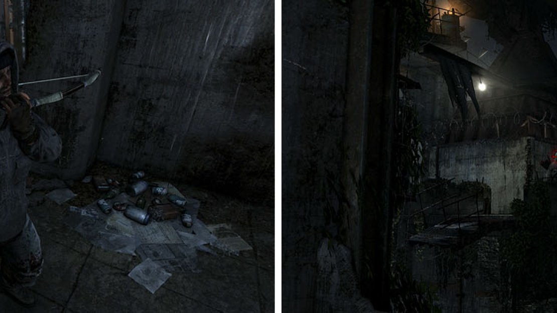 Melee kill the guard near the spotlight (left) and then kill the other guard across the way when his buddy is off to the left (right).