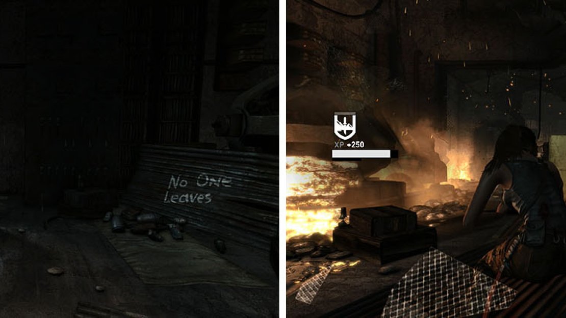 Use the lanterns to burn the banner and blow up the control room.