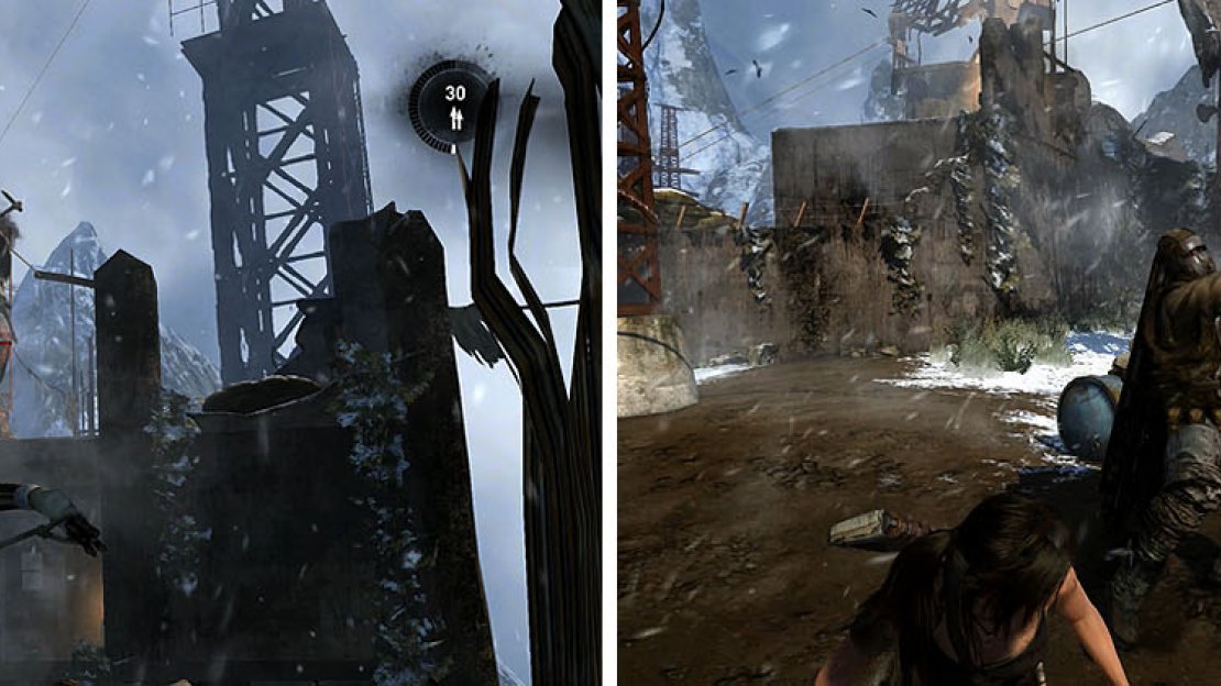Shoot any Solarii that zipline down the drop for easy kills (left). When you are forced to fight the riot shield Solarii, use dodge to expose his body (right).