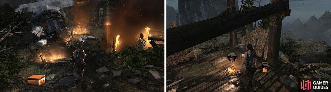 Make your way back to the Base Camp, collecting Caches (left). At the Base Camp make sure to read the revealing document to Roth (right).