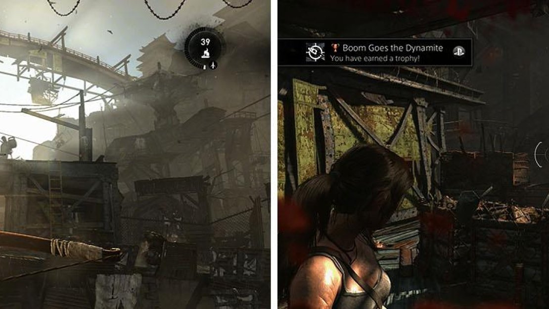 Target the men on the alarm to prevent reinforcements (left), while trying to work towards the trophy/achievements (right).