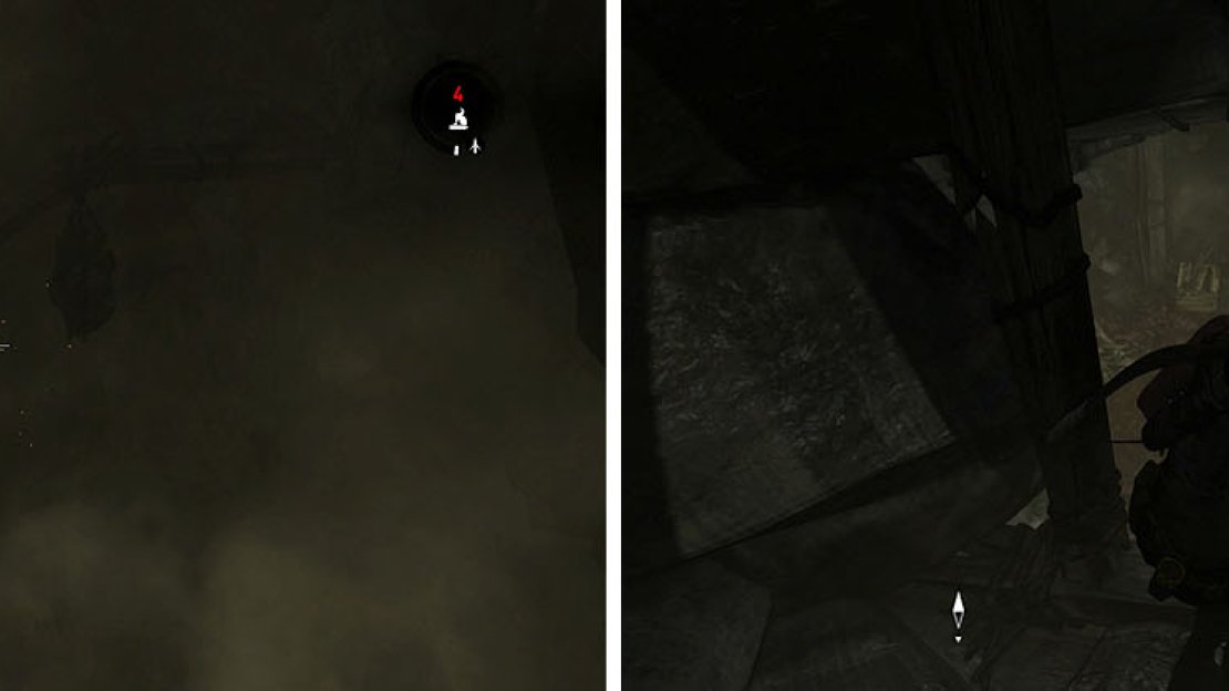 Locate the sack on the ceiling to start a challenge (left) before you head down the nearest tunnel to find salvage (right).