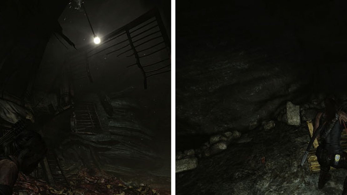 In the tunnel with the captives, check the ledge for a metal crate of salvage (left). The tunnel to the right leads to a dead end with salvage and a GPS Cache (right).