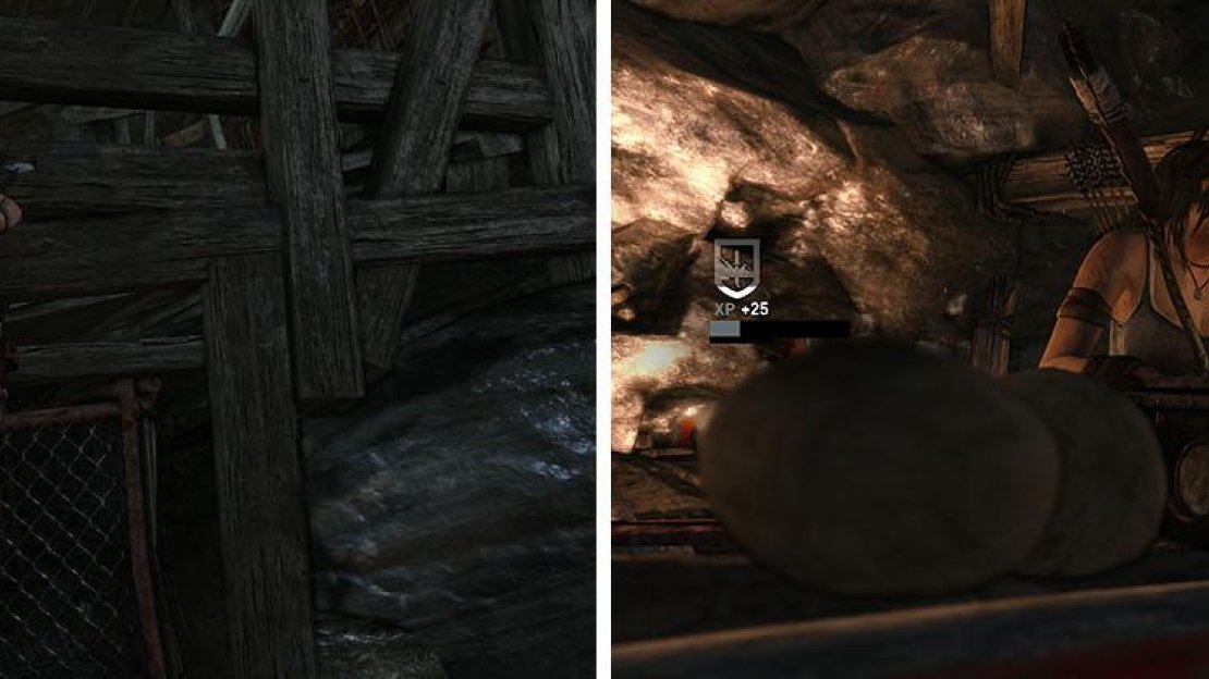 Climb the wooden structure halfway up the stairs for treasure (left) and then head to the camp for more collectibles (right).