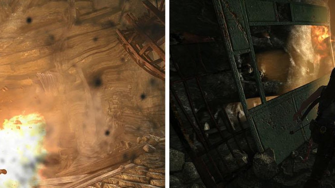 Pull the cage toward you and then shoot the gas (left) and then run down the collapsing tunnel (right).