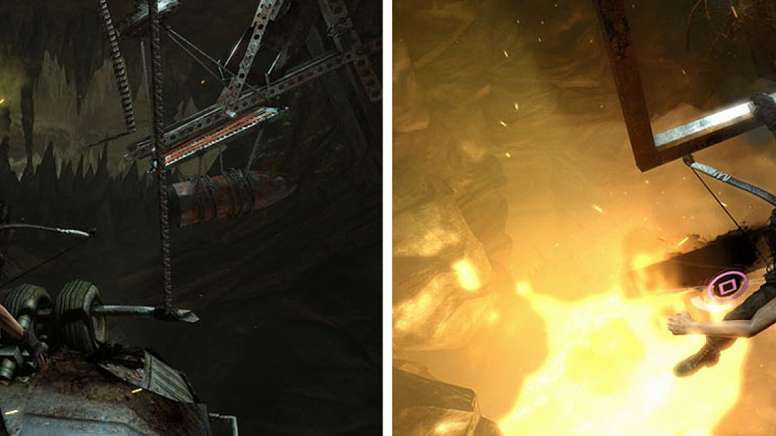 When you reach the top of the chopper, use the gas to break the cage (left). Unfortunately, this will also cause the floor to collapse (right).
