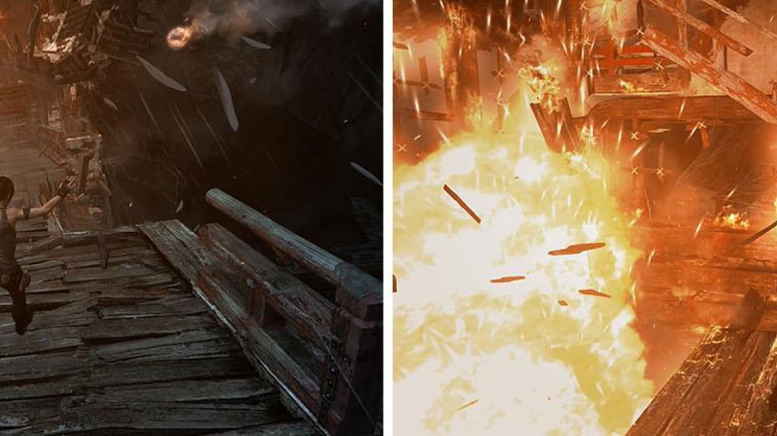 Cross the bridge under fire and then climb the tower as it smolders. Be careful and keep moving to reach the top and escape.