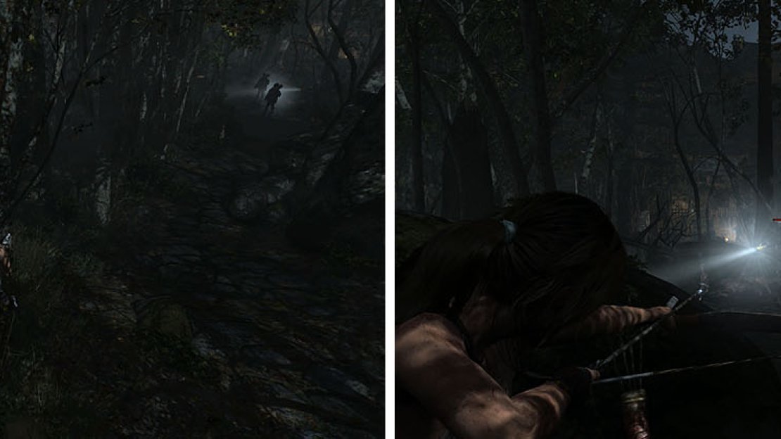 When you spot the men, you should also find a mushroom (left). Let the men separate before you kill them with headshots from your stealthy bow (right).