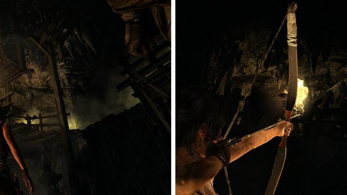 Light the braziers to help navigate the small, dark, cavern (left) and then ignite the debris at the top to remove it and reach the treasure (right).