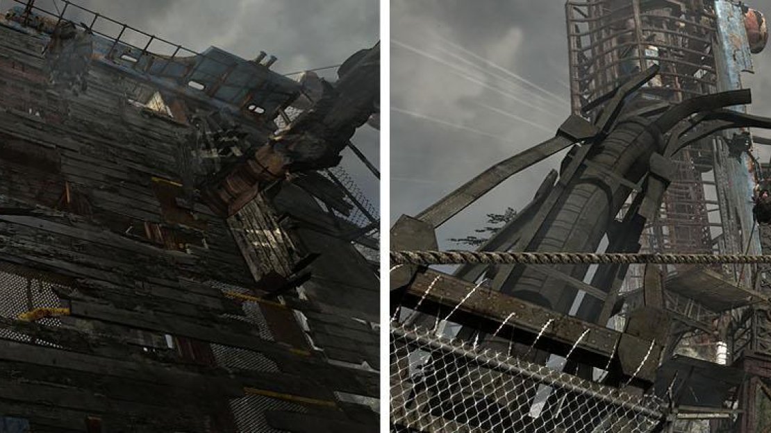 As the turret shoots the pulleys, causing the ship to turn, climb the side of the ship (left) until Lara escapes onto the ziplines (right).