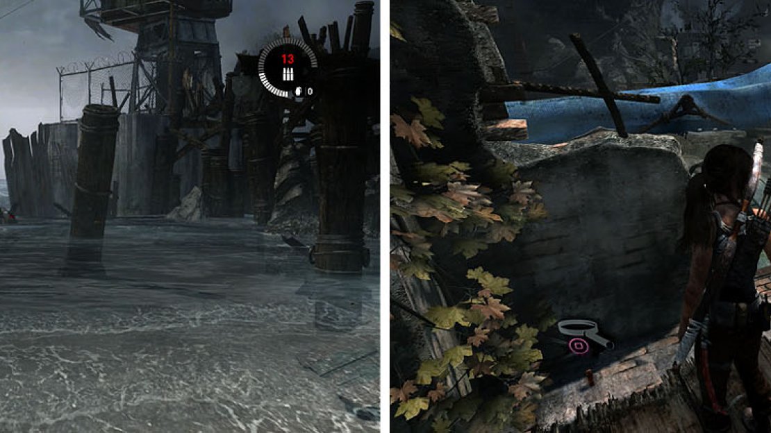 Check the roof of the building near the campfire for a GPS Cache (left). To the south, shoot the Mine in the ocean (right).