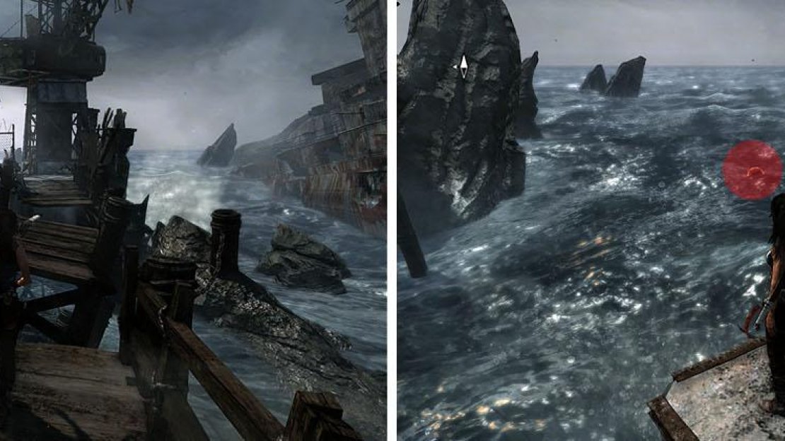 Cross the pier to an end and check the ocean for a Mine hidden among the waves.