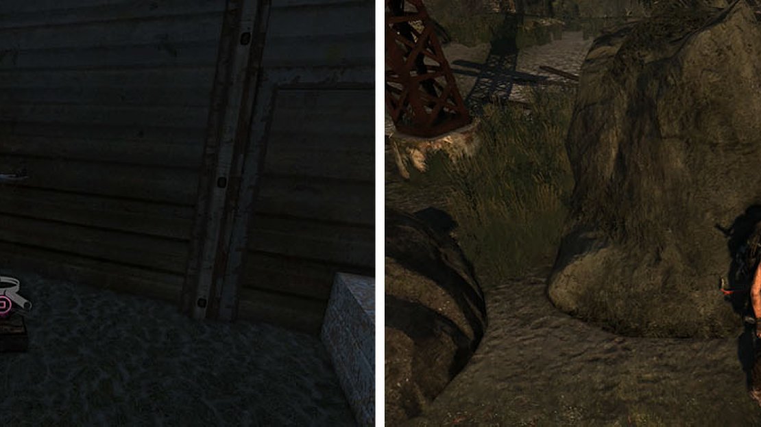 Grab the Japanese Coin relic near the camp (left) before sliding down the rope to find a GPS Cache behind some rocks (right).