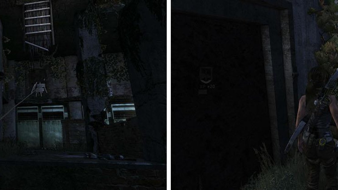 Inside the bunker, pull open the door you couldn’t access earlier (left). Outside, collect the treasure map before returning to the camp (right).