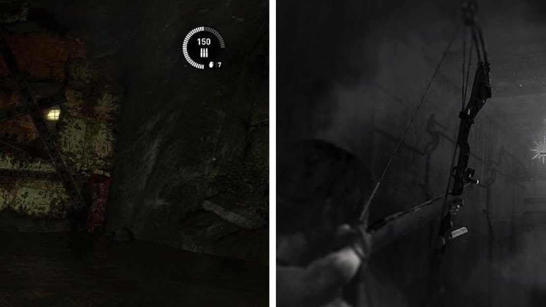 Blow through the barricade near the drop (left) and then follow the path until you squeeze through a hole, shooting the Sun Totem across the way (right).