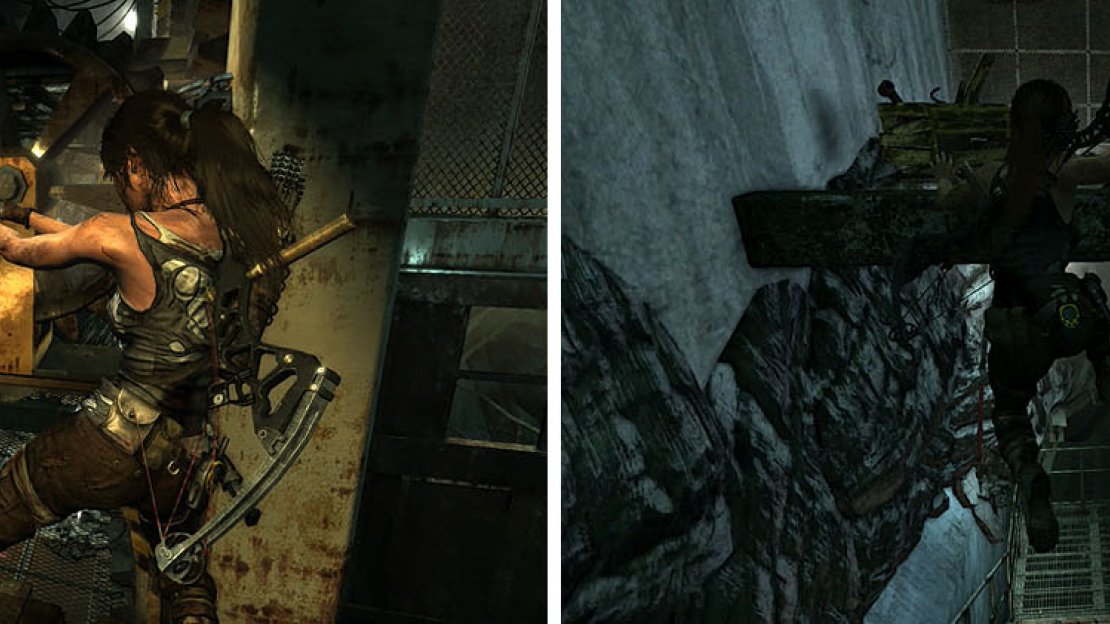 Tear off the first wheel (left) and then call the elevator to the third floor, allowing you to tear off another wheel on the platform between the 2nd and 3rd floor (right).