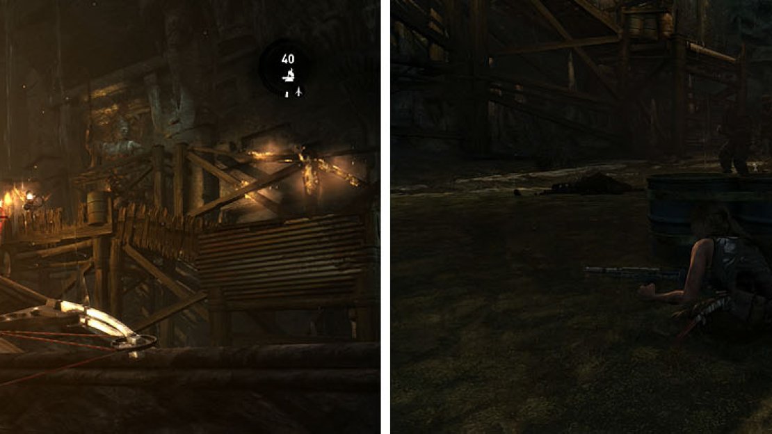 Defeat the Solarii on the scaffolding and then take cover behind the stairs when the men begin to hop down from the scaffolding, aggressively attacking Lara.