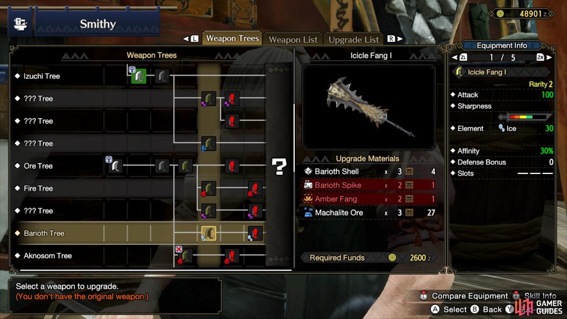 The Icicle Fang I requires Barioth Spikes to craft.