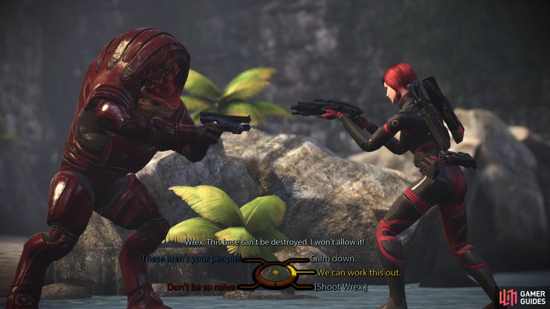 Your confrontation with Wrex will devolve, and only recovering his armor or succeeding at a Charm/Intimidate check will pacify him.