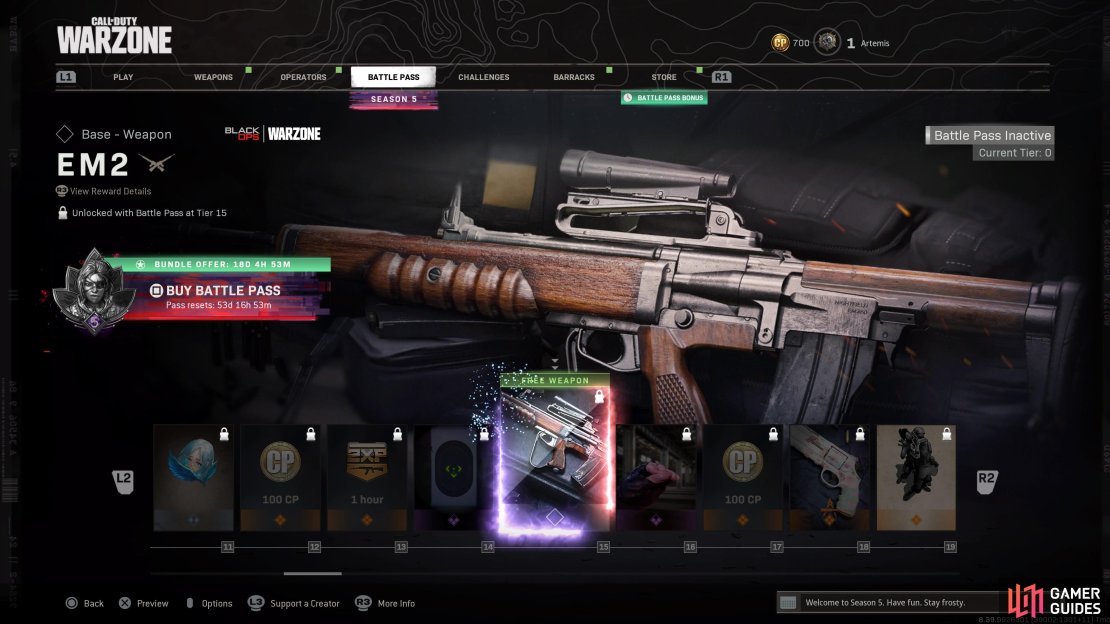 Reach Battle Pass Rank 15 to unlock the EM2.