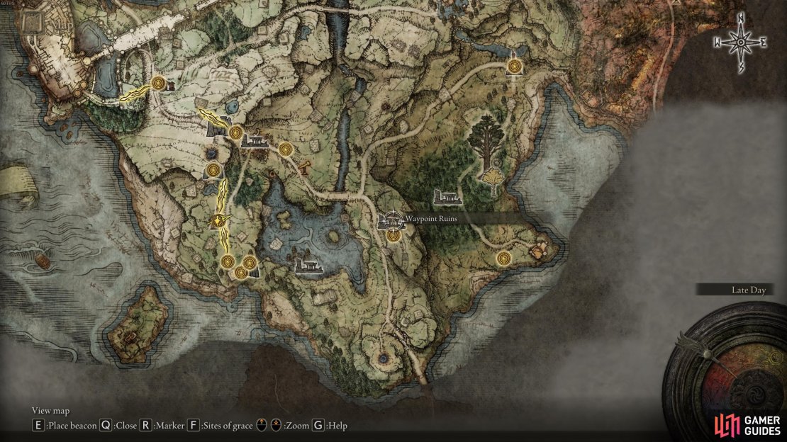 The location of Mad Pumpkin Head, at the Waypoint Ruins in Eastern Limgrave.
