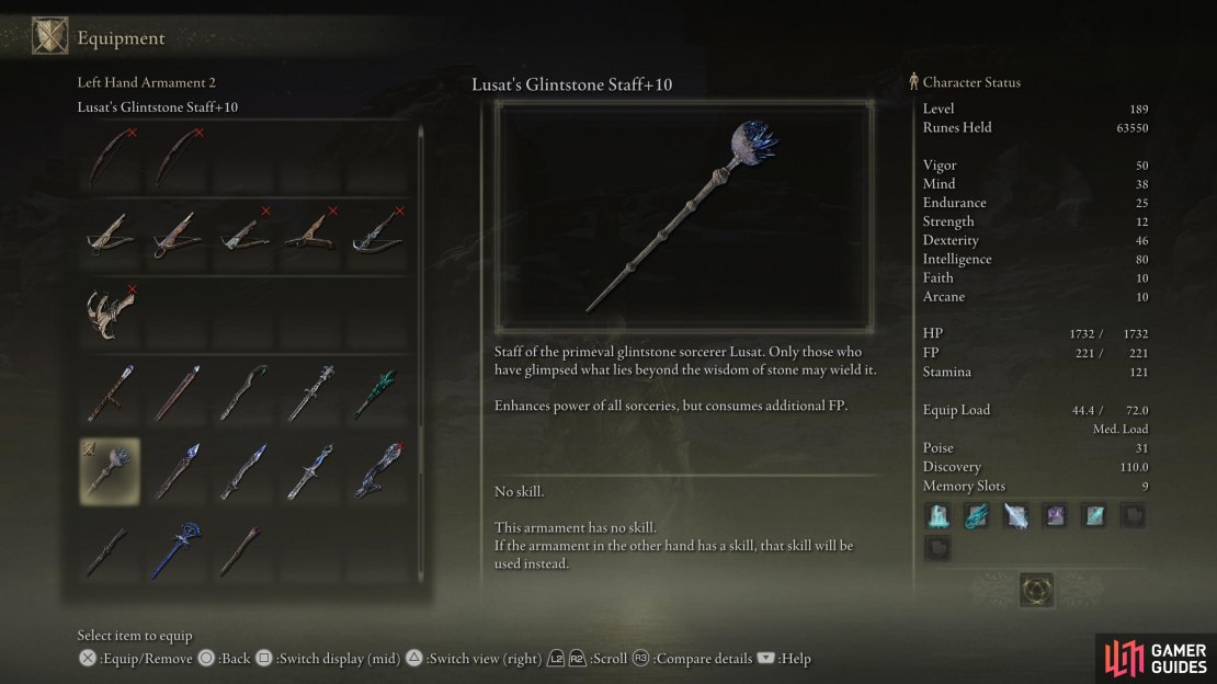 Lusat’s Staff is popular among magic builds, as it has S-rank Intelligence scaling, high Sorcery scaling, and boosts magic damage at the expense of higher FP consumption.