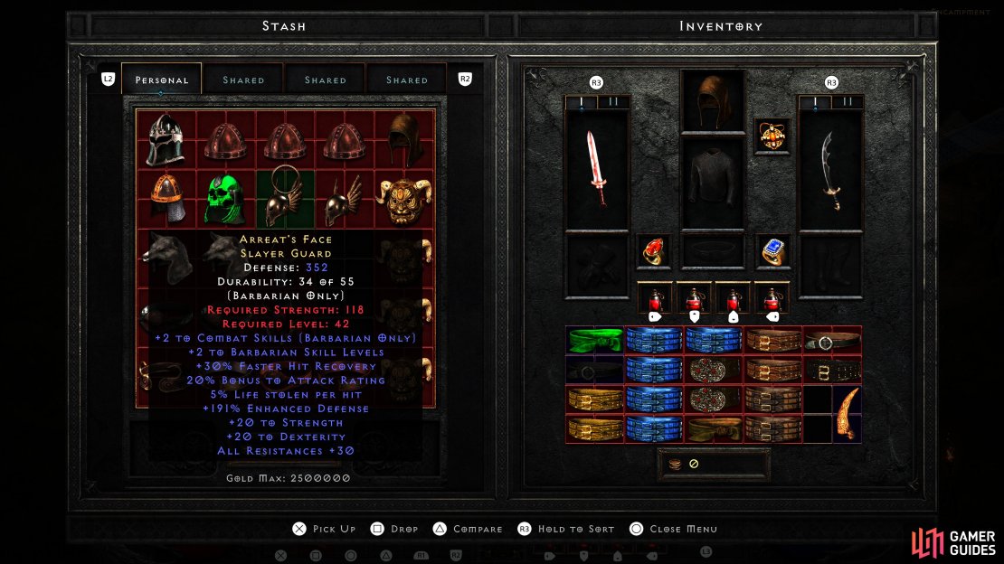 An example of Arreat’s Face, a common mid-tier Barbarian helmet with high-tier stats.