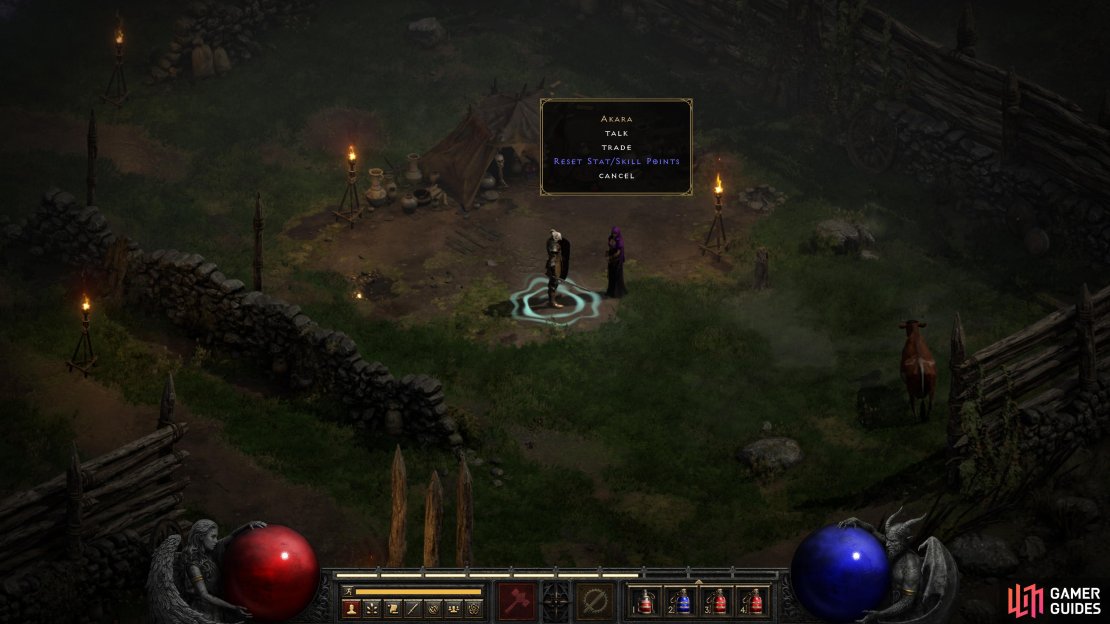 After completing the Den of Evil quest, you can choose to respec once by talking to Akara. This can be done one per difficulty mode, three times per character.