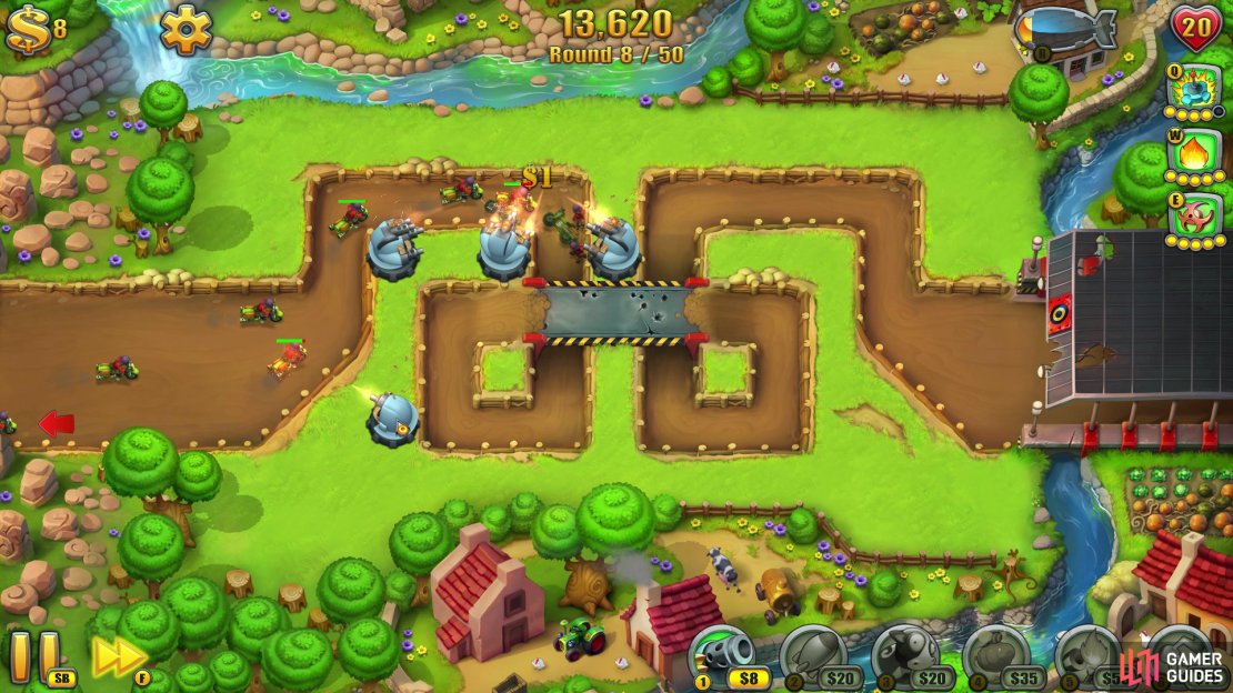 Placing the towers like this will create a box trap as the units have no choice but to loop around and back into the radius of the guns.