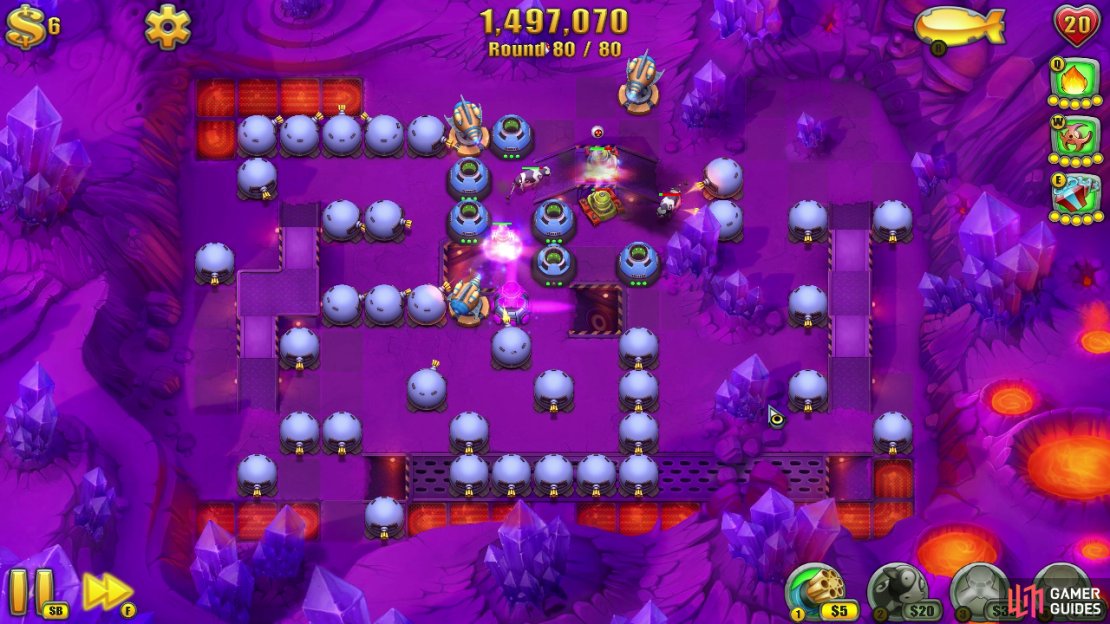 Make sure you select the mission &lsquo;The Frying Pan&rsquo; and you&rsquo;ll need to have unlocked the following towers for this strategy to work properly: &lsquo;Gatling Gun&rsquo;, &lsquo;Polymorph/Ice&rsquo;, &lsquo;Spark Tower&rsquo; and finally the &lsquo;Nuke Tower&rsquo;.